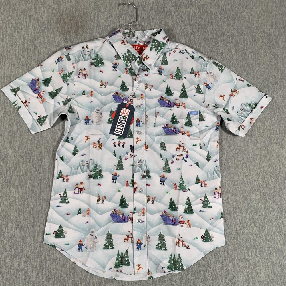 Rudolph Red Nosed Reindeer RSVLTS Shirt Mens XS Christmas Short Sleeve Button Up